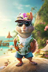 Stylish Squirrel Fantasy Cartoon Character In Hawaiian Outfits Clothes On Beach Generative Ai Digital Illustration Part#250323