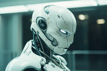 white futuristic robot cyborg in a future hospital, created with generative ai