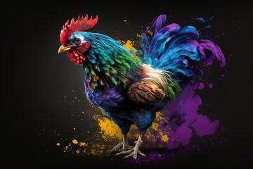 Fototapeta premium Rooster surrounded by a vivid color bomb explosion background, ultra-realistic rendering, ideal for colorful wall art, home décor, and gifts for animal lovers. Generative AI