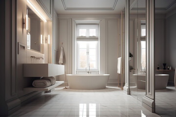 Gorgeous bathroom with bathtub, cabinet, large windows, plant, and artificial light. Luxury bathroom. Relaxing room. Bright bathroom. Opulent. Bathroom mirror. Spacious bath, generative AI tools.