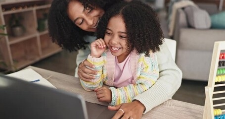 Video call, laptop and mother with child for learning, online education and math help or support in virtual class. Biracial family and child wave hello on computer happy for numbers teaching at home - Powered by Adobe