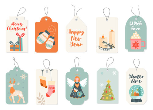 Scandinavian composition tag set. Collection of stickers with gloves, socks, deer and angel. Happy New Years and Merry Christmas. Cartoon flat vector illustrations isolated on white background