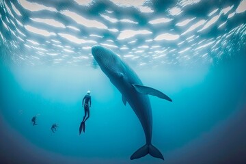 Huge whale swims in sea and approaches diver during freediving, created with generative ai
