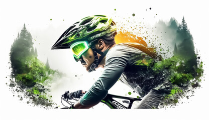 Mountain bike and Rider with helmet, race, neons light, High detail, hyper realistic, 8k, with beautiful green forest views in the helmet goggles. white background. Created with Generative AI technolo
