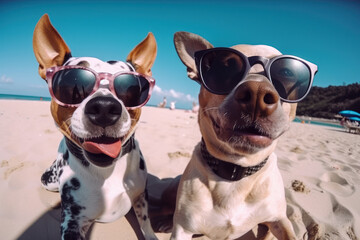 Fototapeta na wymiar Dogs wearing sunglasses are taking selfies on a beach in the background. Funny concept. Generative AI.
