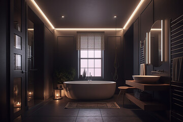 Gorgeous bathroom with bathtub, cabinet, large windows, plant, and artificial light. Luxury bathroom. Relaxing room. Bright bathroom. Opulent. Bathroom mirror. Spacious bath, generative AI tools.