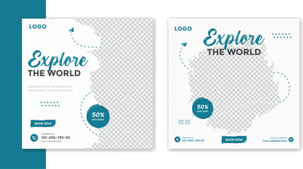 Creative Travel social media post design, holiday vacation square post template, hotel online post vector, happy journey carousel