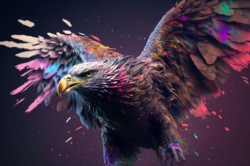 eagle surrounded by a vivid color bomb explosion background, ultra-realistic rendering, ideal for colorful wall art, home décor, and gifts for animal lovers. Generative AI