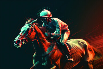Abstract racing horse with jockey from splash of watercolors. Equestrian sport. Digital Illustration. Generative AI. - obrazy, fototapety, plakaty