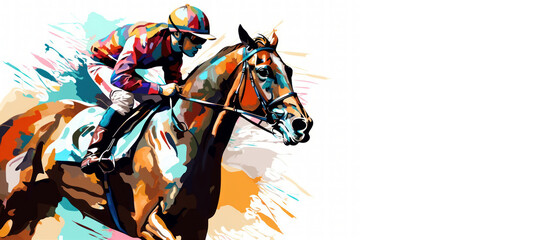 Abstract racing horse with jockey from splash of watercolors on white background. Illustration of paints. Generative AI.