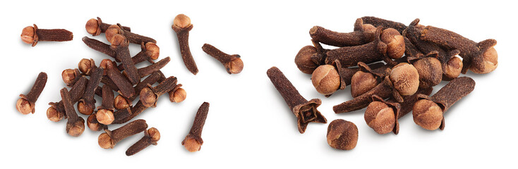 Dry spice cloves isolated on white background . Top view. Flat lay
