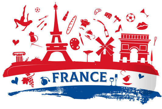 france travel banner with icon and monuments on the flag