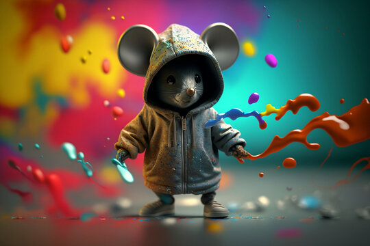 rat in a scratchy hoody surrounded by a vivid color bomb explosion background, ultra-realistic rendering, ideal for colorful wall art, home décor, and gifts for animal lovers. Generative AI