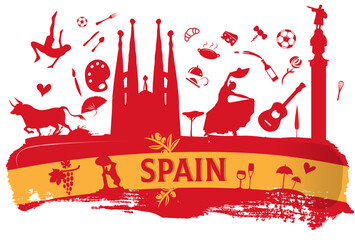spain travel banner with icon and monuments on flag - obrazy, fototapety, plakaty