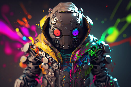 robot in a scratchy hoody surrounded by a vivid color bomb explosion background, ultra-realistic rendering, ideal for colorful wall art, home d&eacute;cor, and gifts for animal lovers. Generative AI