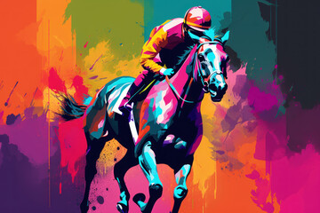 Abstract racing horse with jockey from splash of watercolors. Equestrian sport. Illustration of paints. Generative AI. - obrazy, fototapety, plakaty