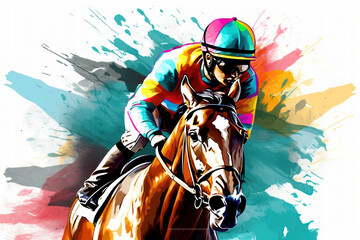 Abstract racing horse with jockey from splash of watercolors on white background. Illustration of paints. Generative AI. - obrazy, fototapety, plakaty