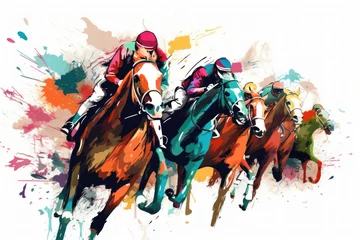 Poster Abstract racing horse with jockey from splash of watercolors on white background. Illustration of paints. Generative AI. © junghc1
