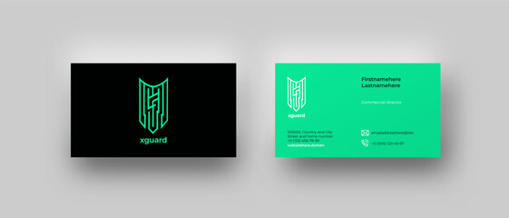 Business card top view mockup with bright shield form ornament logo and green RGB background, mail and phone icons. Corporate identity minimalistic style for digital company