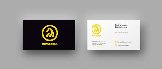 Business card top view mockup with circle industrial logo and black background, mail and phone icons. Stationery corporate identity high tech minimalistic style