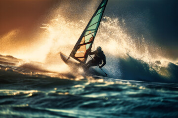 A windsurfer catching a gust of wind on a windy day on the ocean - obrazy, fototapety, plakaty