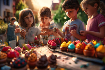 Obraz premium The kids at the party eagerly licked their ice cream while playing games and enjoying the summer weather