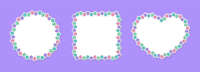 Colorful pastel animal paw print frame template set. Cute dog paw prints border. Vector illustration