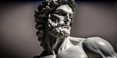 Portrait of a plaster statue of Apollo isolated on black. Gypsum statue of Apollo's bust. Greek god statue. Generative Ai