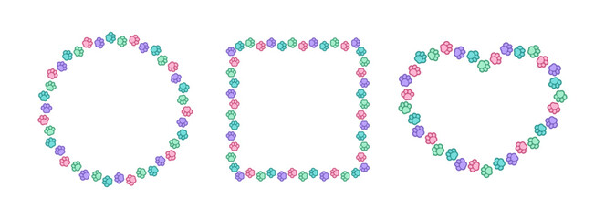Colorful pastel animal paw print frame template set. Cute dog paw prints border. Vector illustration