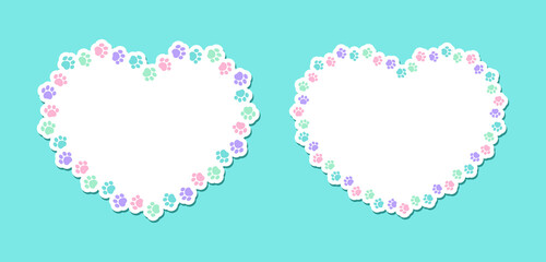 Heart shaped colorful pastel animal paw print frame with copy space set. Cute Valentines Day, animal lover dog paw prints border. Vector illustration
