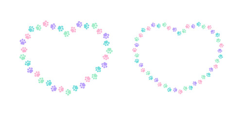 Heart shaped colorful pastel animal paw print frame with copy space set. Cute Valentines Day, animal lover dog paw prints border. Vector illustration