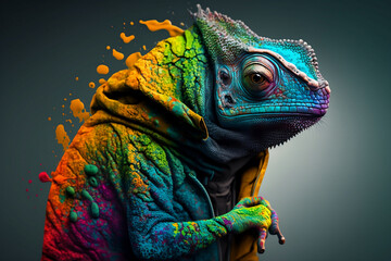 Colorful Chameleon surrounded by a vivid color bomb explosion background, ultra-realistic rendering, ideal for colorful wall art, home décor, and gifts for animal lovers. Generative AI
