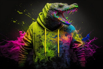 Obraz premium Crocodile in a scratchy hoody surrounded by a vivid color bomb explosion background, ultra-realistic rendering, ideal for colorful wall art, home décor, and gifts for animal lovers. Generative AI