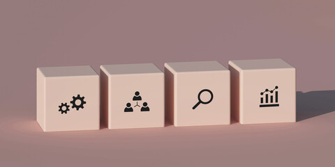 Conceptual business illustration with pink pastel blocks and icons