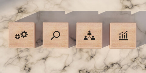 Conceptual business illustration with wooden blocks and icons on marble background