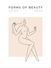 Fototapeta na wymiar Contemporary modern poster. Woman silhouette, nude female body in abstract pose, feminine figure design. Line art. Femininity, Mid century beauty concept for wall art decor, print. Vector illustration
