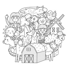 Cute farm characters circle shape coloring page. Doodle mandala with animals and farmers for coloring book. Outline background. Vector illustration