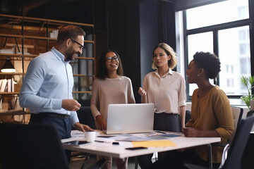 group of multi-ethnic people brainstorming using laptops and charts in a meeting room at the office. Enthusiastic young adults analyzing new data to improve startup business performance. AI Generative