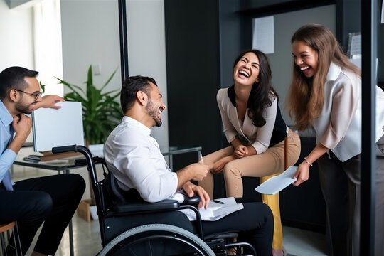 Happy young man sitting in a wheelchair, has a break with his office colleagues. AI Generative
