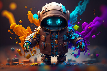 Obraz na płótnie Canvas Small Robot in a scratchy hoody surrounded by a vivid color bomb explosion background, ultra-realistic rendering, ideal for colorful wall art, home décor, and gifts for animal lovers. Generative AI