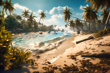 A sandy beach with crystal-clear water, palm trees swaying in the warm breeze, and the distant sound of seagulls