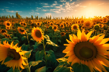 A vast field of sunflowers, their bright yellow petals reaching towards the sun, creating a warm and inviting atmosphere