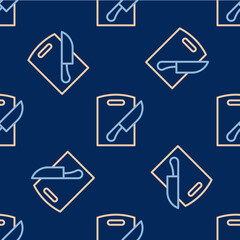 Line Cutting board and knife icon isolated seamless pattern on blue background. Chopping Board symbol. Cutlery symbol. Vector