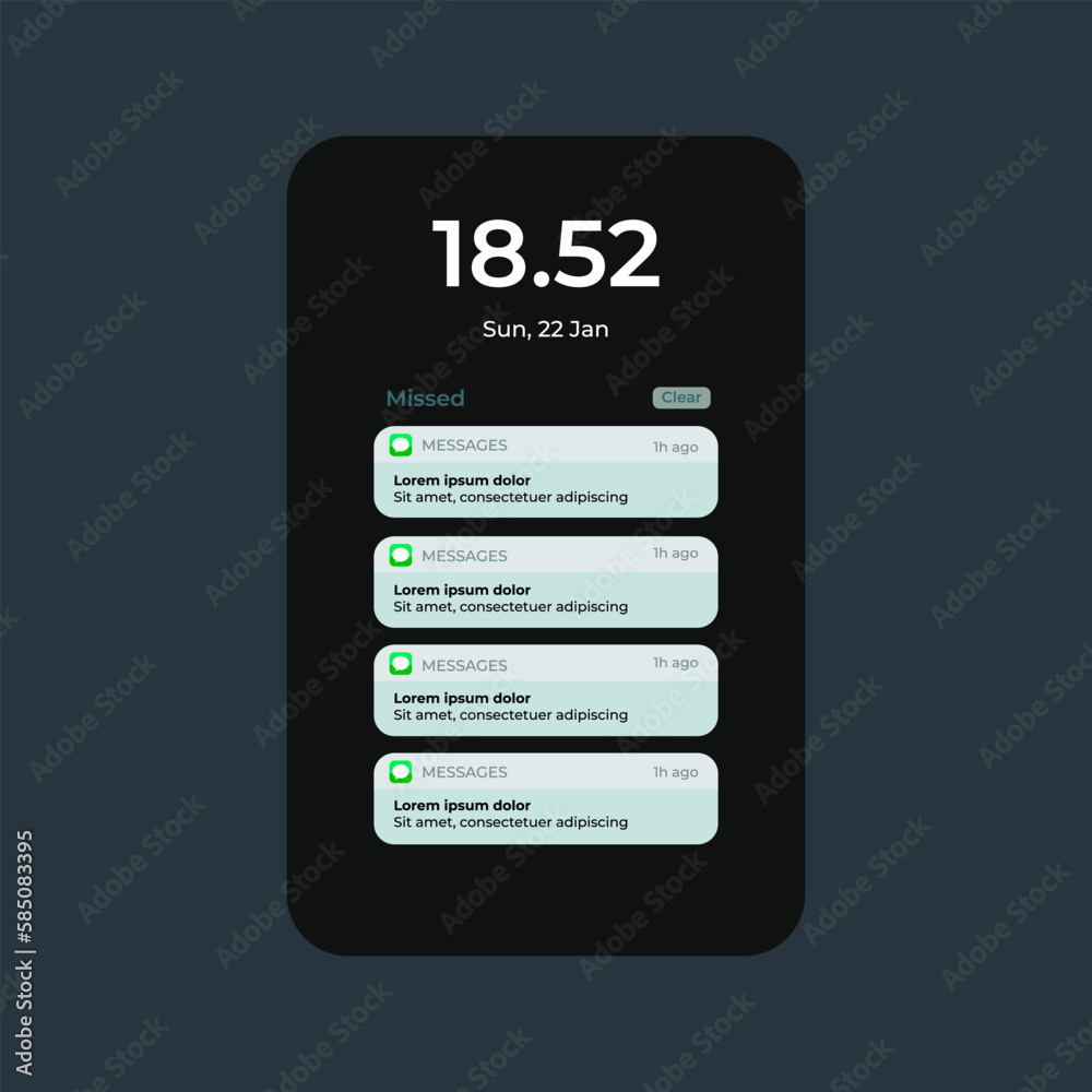 Poster notification screen ui design. notification boxes template for iphone. smartphone message interface.