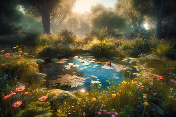 A clearing in the woods with a small pond, surrounded by wildflowers and buzzing with dragonflies and butterflies