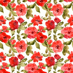 Green watercolor pattern with red flowers in a beautiful style on a white background. Watercolor seamless pattern. Creative wallpaper.