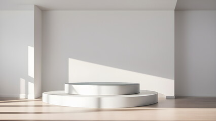 Fototapeta premium Podium abstract studio room with geometric platform for mockup display minimalistic wall scene for products showcase, Promotion display Generative AI