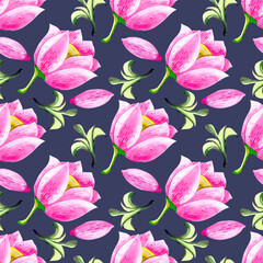 Bright large flowers of pink magnolia on a dark background. Seamless floral background. 