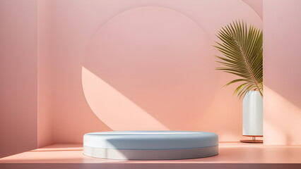 minimal podium platform showcase pink pastel background dias for display your products with copy space for natural skin care products, perfume bottles cosmetology mockups generative ai mockups