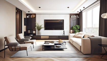 Fototapeta premium living room with furniture and flat screen tv, generative AI